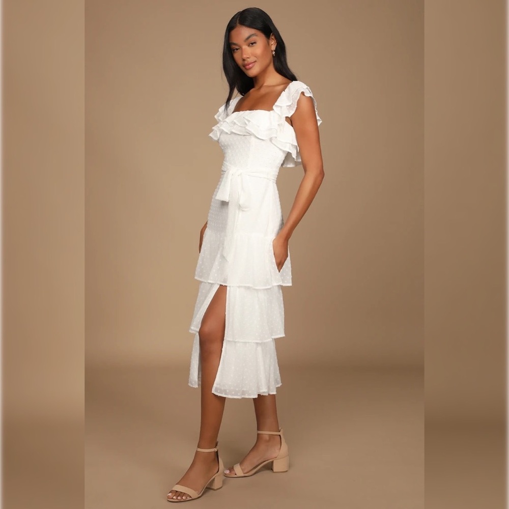Lulu’s Dear To My Heart White Swiss Dot Tiered Ruffled Midi Dress - NWT Small